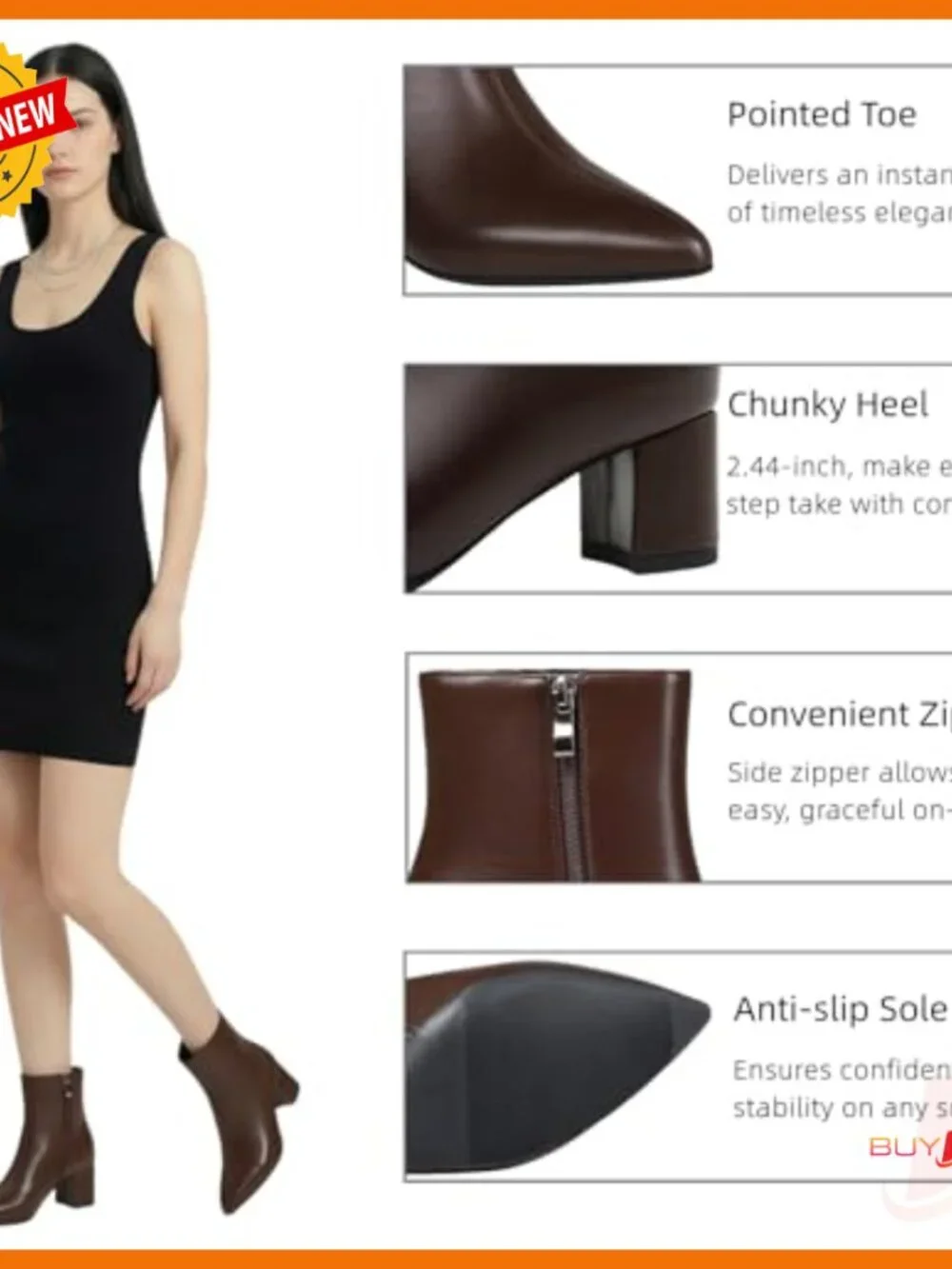 Women's Ankle Boots Pointed Toe Chunky Block Heel Low Heel Booties - Picture 4 of 7